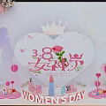 Women's Day Decorative Setup With Heart Shaped Crown Rose Cosmetic Models And Pink Balloons