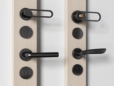 Modern Black Metal Door Handles with Locks on Wooden Interior Doors 3d model