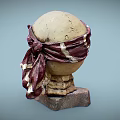 Human Skull Wearing Red Brown Headscarf With White Stripes On Wooden Base Decoration