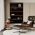 Modern Black Leather Lounge Chair With Wooden Frame Bookshelf Floor Lamp And Side Table