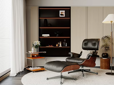 Modern Black Leather Lounge Chair With Wooden Frame Bookshelf Floor Lamp And Side Table 3d model