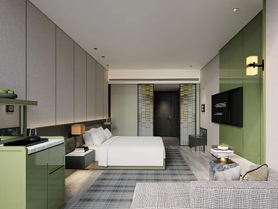 Modern Hotel Room Interior With White Bed Green Cabinet TV Nightstand Lamp And Plaid Carpet 3d model