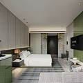 Modern Hotel Room Interior With White Bed Green Cabinet TV Nightstand Lamp And Plaid Carpet