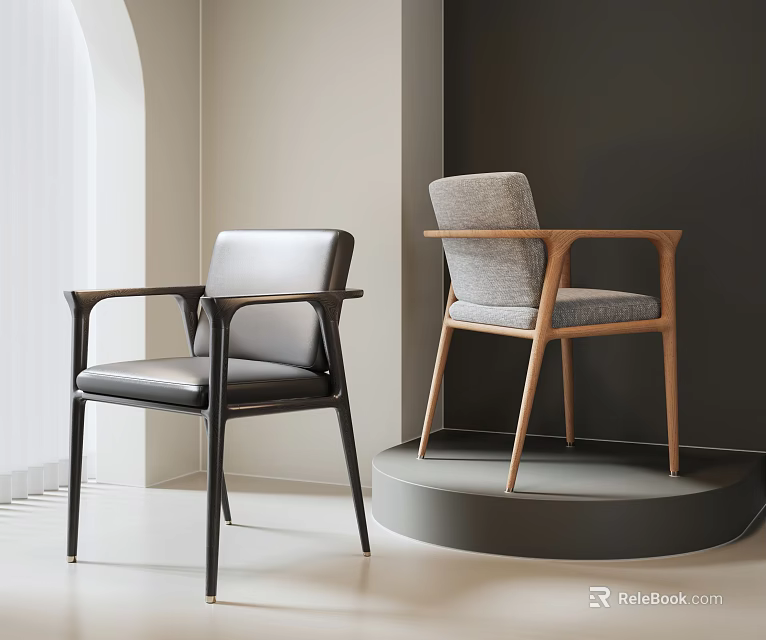 Modern Accent Chairs with Black Leather and Gray Fabric Wooden Arms on Display Platform 3d model 