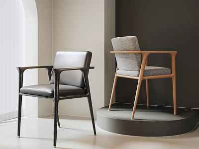 Modern Accent Chairs with Black Leather and Gray Fabric Wooden Arms on Display Platform 3d model
