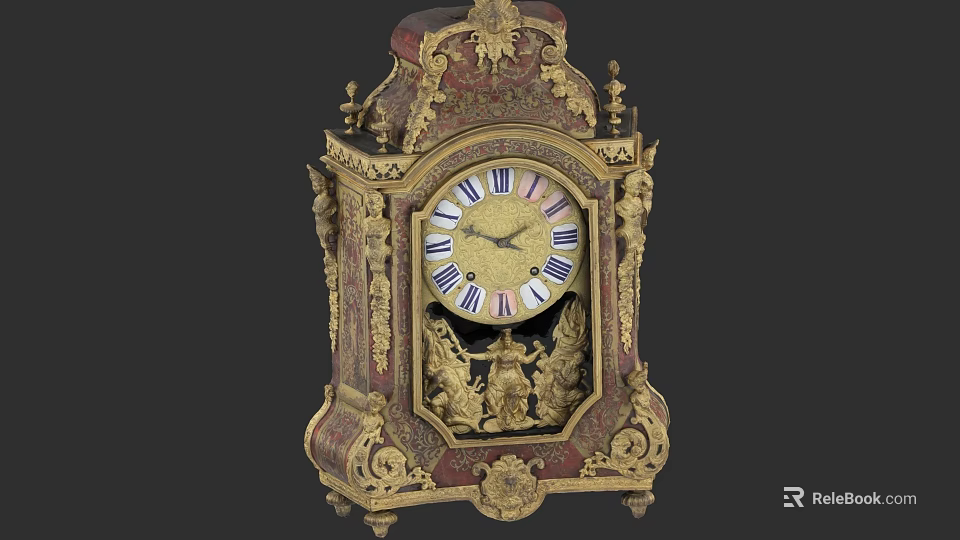 Ornate Antique Clock With Gold Red Finish Roman Numeral Dial And Decorative Carvings 3d model 