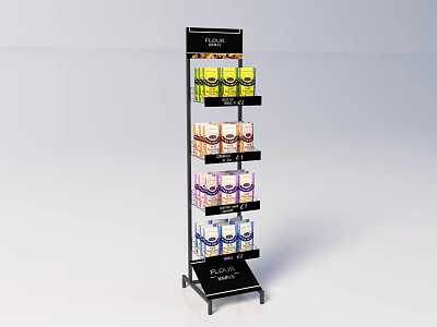 Black Standing Display Rack with Multi colored Product Boxes on Shelves 3d model