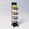 Black Standing Display Rack with Multi colored Product Boxes on Shelves 3d model