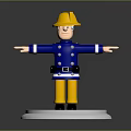 Firefighter Sculpture With Yellow Helmet Blue Uniform Yellow Pants Silver Base Arms Outstretched