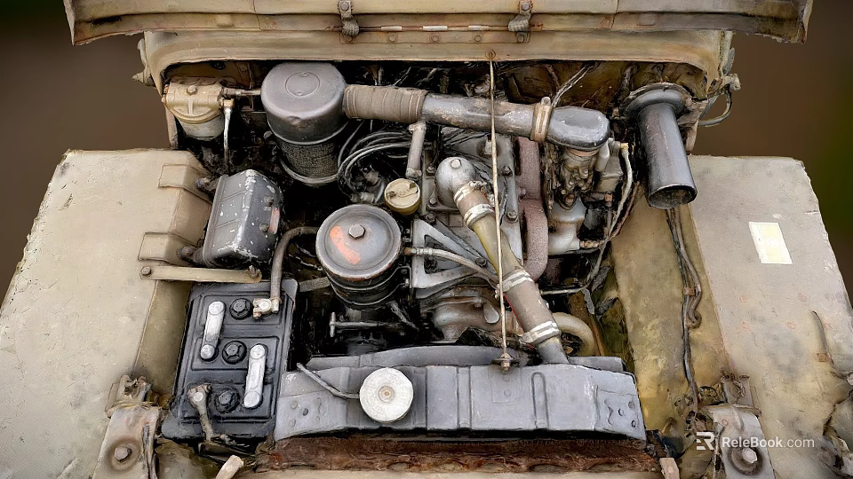 Old Car Engine Bay With Mechanical Parts Pipes And Battery Components 3d model 