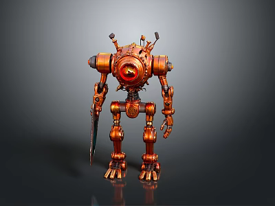 Steampunk Robot Figure With Mechanical Gears Copper Body And Sword 3d model