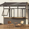 Elegant Modern Awning Design With Wooden Window Frames And Storefront Details
