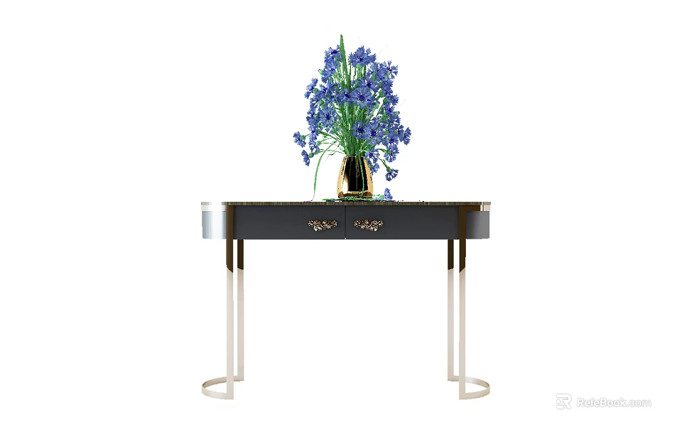 Elegant Black Console Table With Gold Accents And Metal Legs Featuring Purple Flowers In Vase 3d model 