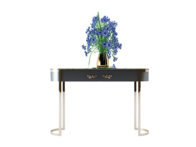 Elegant Black Console Table With Gold Accents And Metal Legs Featuring Purple Flowers In Vase 3d model