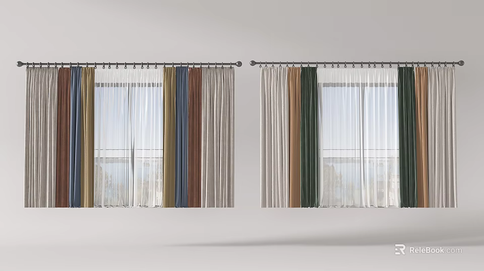 Modern Multicolored Striped Curtain Panels For Window With Light Filtering Drapery Rod 3d model 