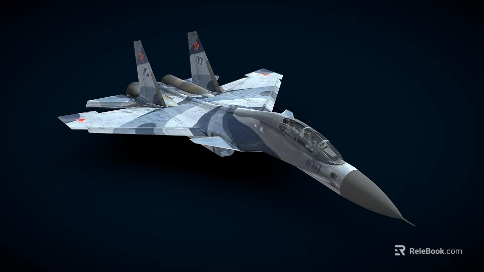 Gray Camouflage Fighter Jet With Twin Vertical Tails Sharp Nose Cockpit And Red Star Emblem 3d model 