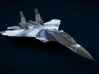 Gray Camouflage Fighter Jet With Twin Vertical Tails Sharp Nose Cockpit And Red Star Emblem 3d model