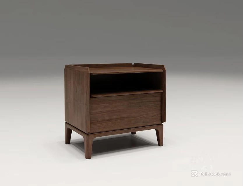 Dark Wooden Nightstand With Drawer Open Shelf And Slim Legs Minimalist Design 3d model 