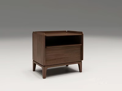 Dark Wooden Nightstand With Drawer Open Shelf And Slim Legs Minimalist Design 3d model