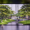 Modern Garden Landscape Design With Green Lawn Trees Stones And Sofa Coffee Table