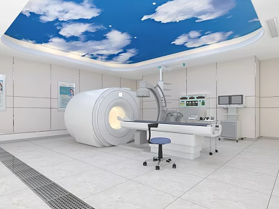 Modern Medical Imaging Room With CT Scanner Control Station And Sky Ceiling 3d model