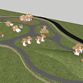 Park Landscape with Mushroom Shaped Play Structures Slides Green Grass Pathways Trees and Children Playing