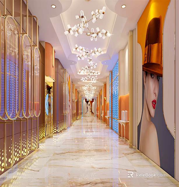 Modern Elevator Hallway Design With Elegant Lighting Marble Floor And Decorative Walls 3d model