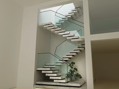 Modern Staircase With Glass Railing White Steps And Indoor Green Plant 3d model