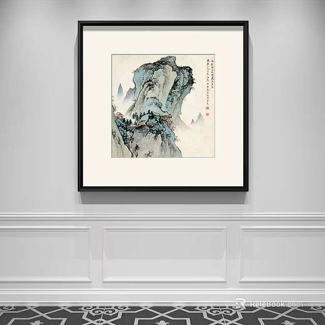 Traditional Chinese Landscape Painting With Mountain Scenery Framed Hanging On White Wall Interior 3d model 