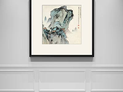 Traditional Chinese Landscape Painting With Mountain Scenery Framed Hanging On White Wall Interior 3d model
