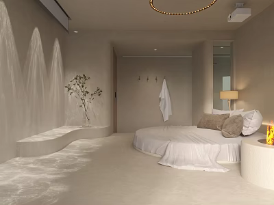 Modern Hotel Room With Round Bed Beige Flooring Green Plant Ceiling Light And Table Lamp 3d model