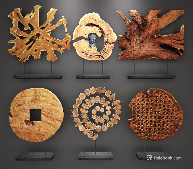 Wooden Decorative Ornament Set With Various Shapes Tree Stump Slices And Black Bases 3d model 