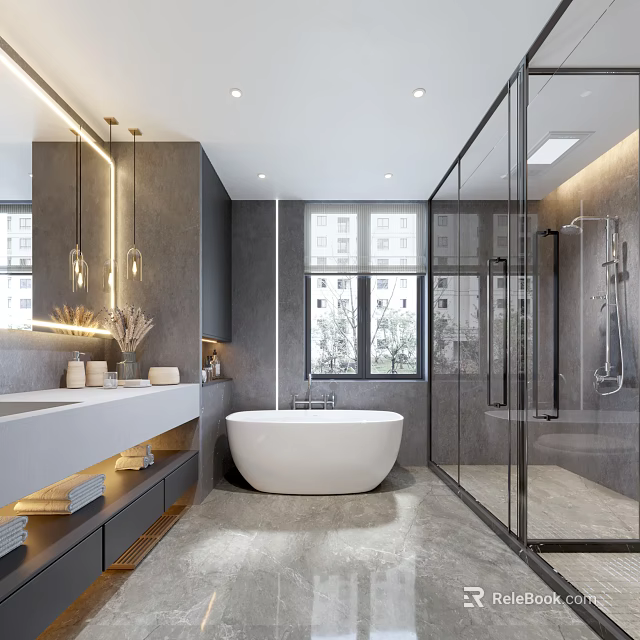Spacious Modern Gray Toned Bathroom With Freestanding Bathtub And Frameless Glass Shower Enclosure 3d model 