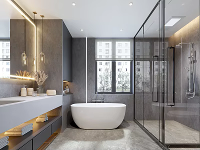 Spacious Modern Gray Toned Bathroom With Freestanding Bathtub And Frameless Glass Shower Enclosure 3d model