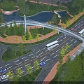 Modern Landscape Bridge Spanning Urban Road With Greenery Trees and Pond and Passing Vehicles