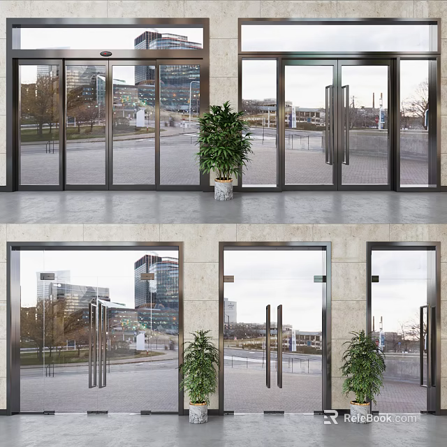 Modern Glass Entrance Doors With Metal Frames And Urban View 3d model 