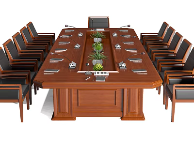Wooden Conference Table Surrounded by Leather Chairs With Potted Plants Microphones and Notebooks 3d model
