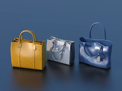 Yellow Silver Blue Handbags With Sleek Design And Shiny Leather Handles 3d model