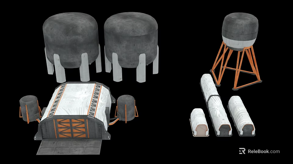 Future Architecture Featuring Grey Cylindrical Structures With White Supporting Legs And Orange Framed Buildings 3d model