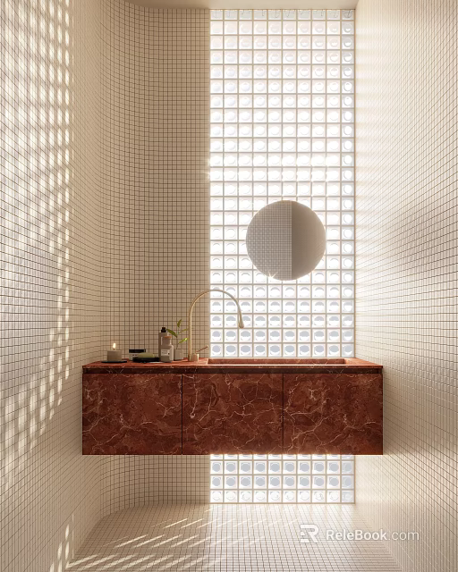 Sunlit Modern Washbasin Vanity With Red Marble Countertop Round Mirror And Grid Tile Wall 3d model 