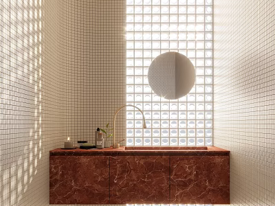 Sunlit Modern Washbasin Vanity With Red Marble Countertop Round Mirror And Grid Tile Wall 3d model