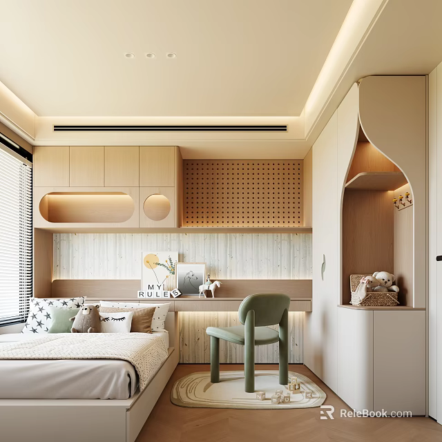 Tatami Bedroom Interior Design With Tatami Bed Storage Cabinets Desk Green Chair And Wall Decor 3d model 