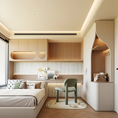 Tatami Bedroom Interior Design With Tatami Bed Storage Cabinets Desk Green Chair And Wall Decor 3d model