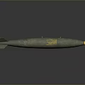 Green Military Bomb With Tail Fins And Yellow Markings On Gray Background