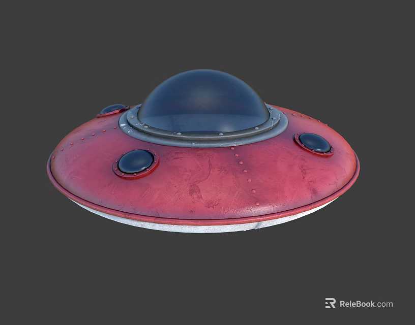 Red Flying Saucer UFO Model With Black Dome And Circular Bottom Parts 3d model 