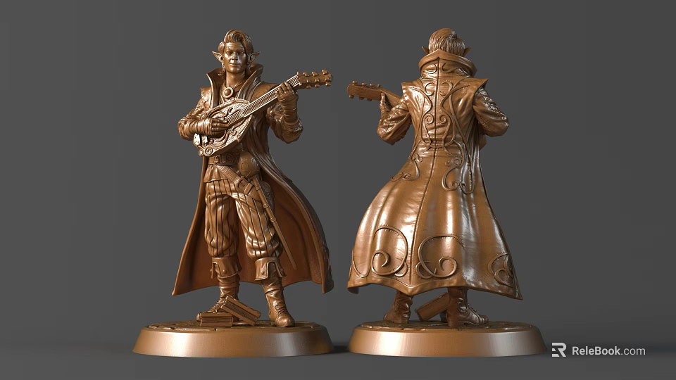 Detailed Decorative Sculpture Carving of Robed Lute Player with Front Back Views 3d model 