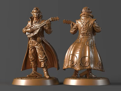 Detailed Decorative Sculpture Carving of Robed Lute Player with Front Back Views 3d model