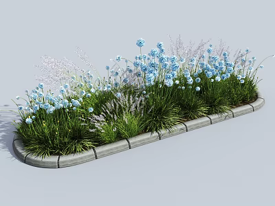 Lush Garden Flower Bed With Blue Flowers And Green Grasses In Stone Planter 3d model