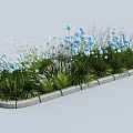Lush Garden Flower Bed With Blue Flowers And Green Grasses In Stone Planter