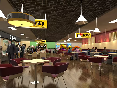 Busy Restaurant Interior With Tables Chairs Hanging Lamps And Yellow Signs 3d model